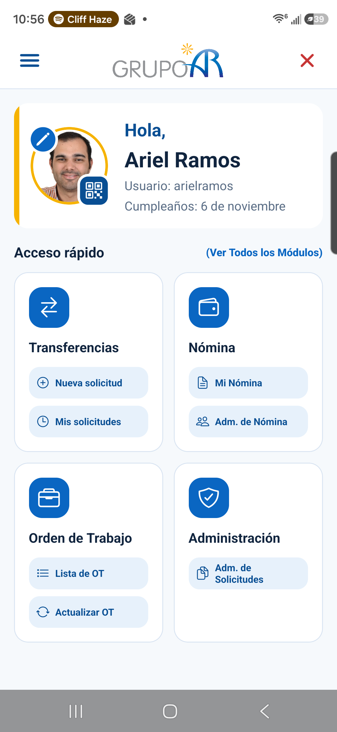 Pantalla principal de Grupo AR Crew